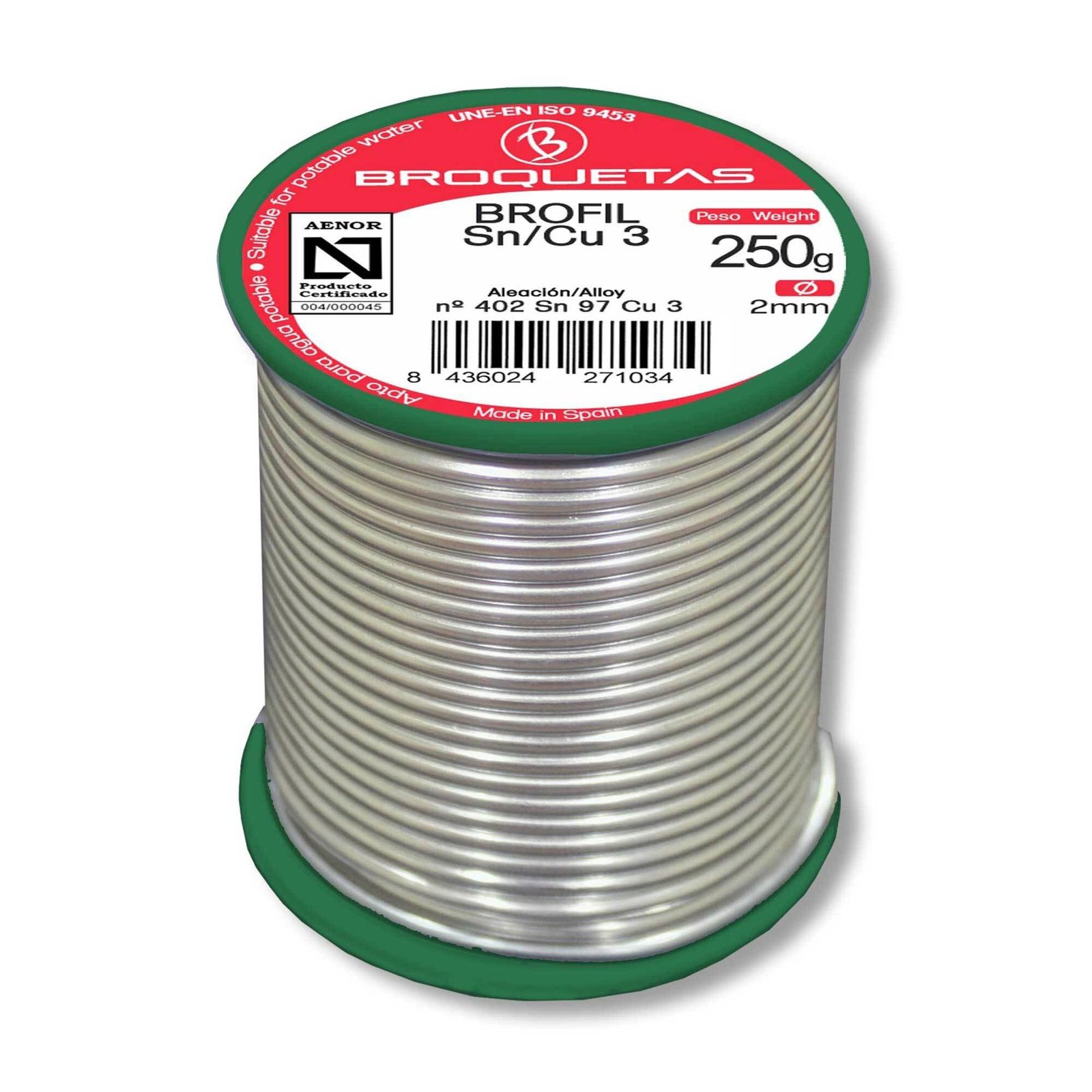 Hilo soldadura estaño broquetas 3 cu 250g. aenor