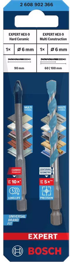 Pz. Bosch Conjunto de brocas expert hex-9 hard ceramic y hex-9 multi construction Ø 6mm
